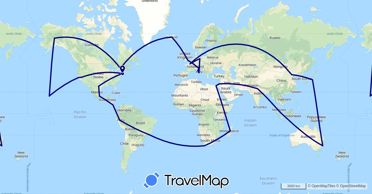 TravelMap itinerary: driving in Australia, Brazil, Canada, China, Costa Rica, Germany, Egypt, France, United Kingdom, Israel, India, Iceland, Italy, Japan, Madagascar, Mexico, Peru, Singapore, United States, South Africa (Africa, Asia, Europe, North America, Oceania, South America)